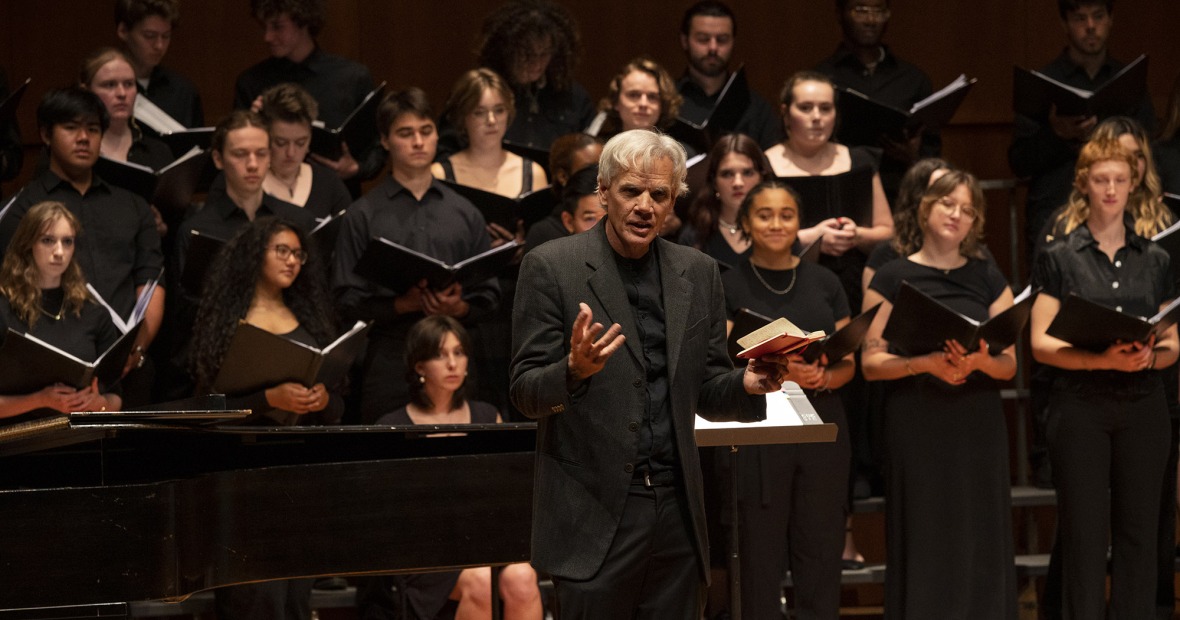 John Rommereim leads the Grinnell Singers at a concert in Sebring-Lewis Hall