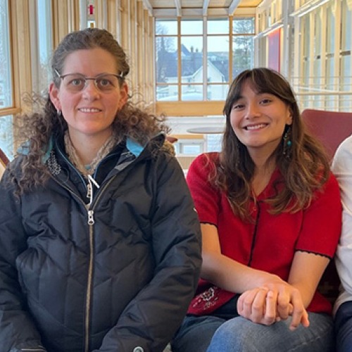 Ryan Solomon, left, CLS associate director of civic education and innovation, is part of a group photo with community facilitator Vanessa Preast, and student facilitators, Diya Shrestha ’26 and Haden Horstman ’26.