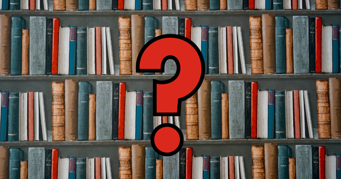 Shelves of books with question mark in the center